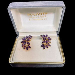 14K Yellow Gold, Diamond And Amethyst Climber Pierced Earrings Signed CKC (4941)